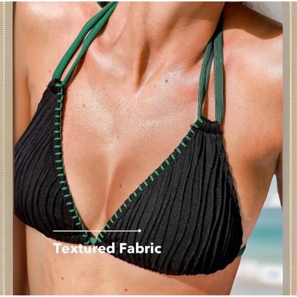 Cupshe Women 2PC Swimsuit S Black Textured Bikini Green Trim Halter Top Cheeky - Picture 4 of 8